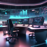 Create an image that depicts a futuristic trading desk equipped with holographic screens displaying various financial graphs, charts, and a digital Margin