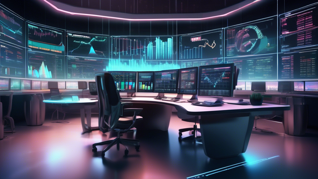 Create an image that depicts a futuristic trading desk equipped with holographic screens displaying various financial graphs, charts, and a digital Margin