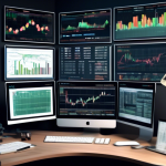 Create an image depicting a modern financial trader's workspace, filled with multiple computer screens displaying stock charts, alongside books and notes o