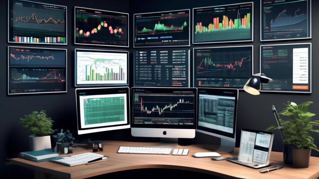 Create an image depicting a modern financial trader's workspace, filled with multiple computer screens displaying stock charts, alongside books and notes o