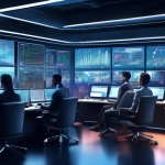 An illustration depicting a futuristic trading desk set up with multiple screens displaying complex financial charts, graphs, and real-time market data. Th