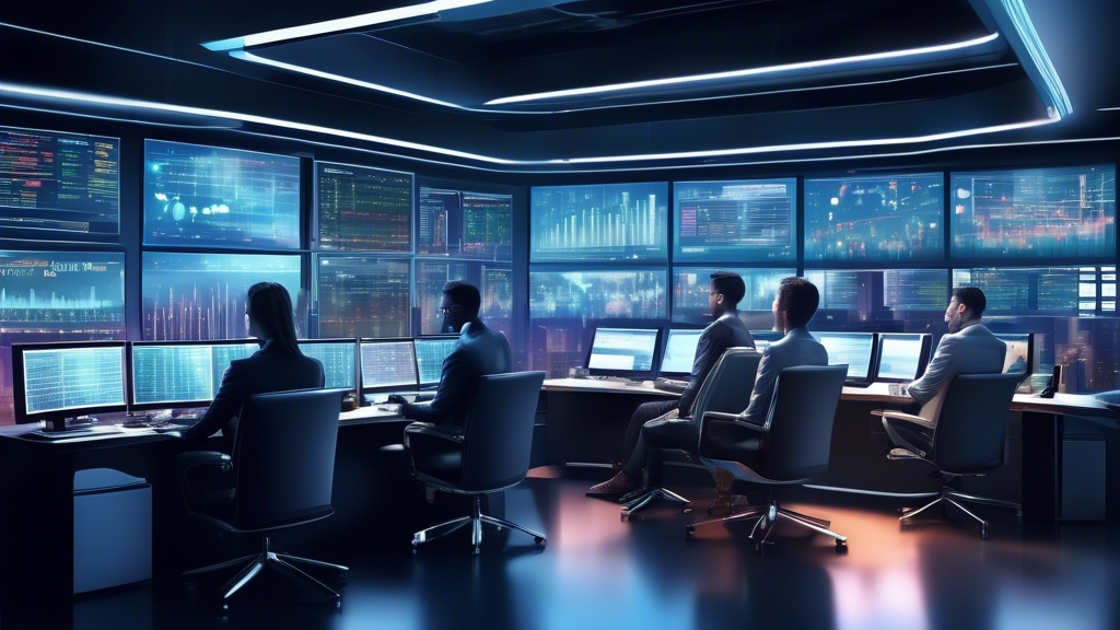 An illustration depicting a futuristic trading desk set up with multiple screens displaying complex financial charts, graphs, and real-time market data. Th