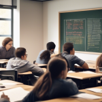 Create an image of a financial classroom setting where a diverse group of students attentively listen to a teacher explaining the concepts of margin tradin