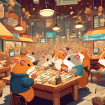 Create an image depicting a whimsical, bustling market where hamsters are engaging in margin trading. The scene should include tiny hamster-sized trading d