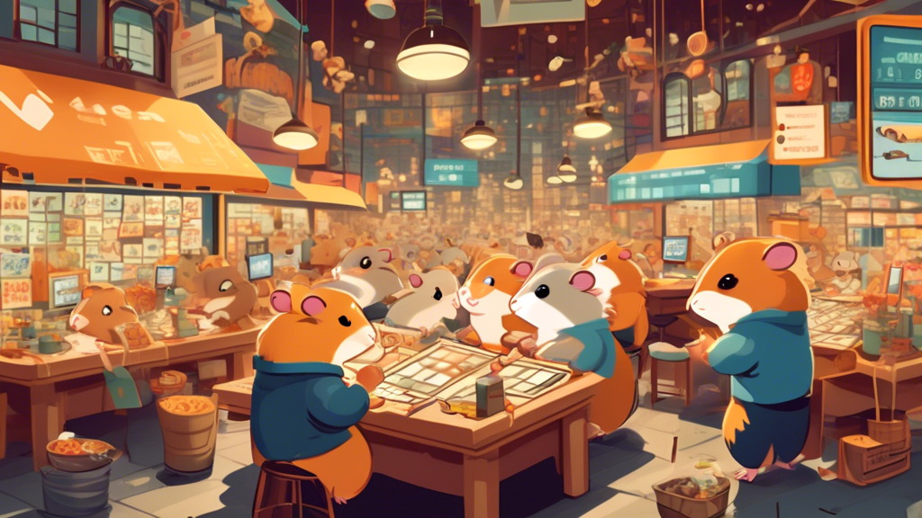 Create an image depicting a whimsical, bustling market where hamsters are engaging in margin trading. The scene should include tiny hamster-sized trading d