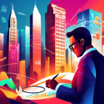 Create an illustration depicting a financial cityscape with towering skyscrapers representing different financial markets. In the foreground, a confident t