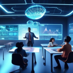 Create an image of a futuristic classroom where a diverse group of students is engaged in a high-tech financial lesson. The teacher, a holographic figure,