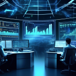 Create an image depicting a futuristic, high-tech trading room filled with holographic screens displaying real-time stock market data. In the center, a foc