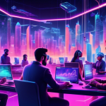 Create an illustration of a futuristic digital cityscape, with neon lights and large holographic screens displaying charts and graphs. In the foreground, a