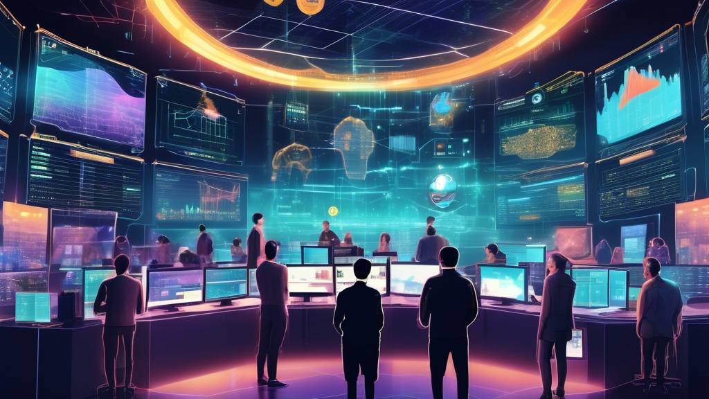 Create an image depicting a futuristic digital landscape that represents the world of cryptocurrency exchanges. In the foreground, display a series of larg