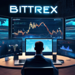 Create an image of a futuristic stock trading platform with digital screens displaying cryptocurrency data, focusing on a section labeled Bittrex Margin Tr