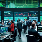 Create a detailed image of a futuristic financial trading floor bustling with activity. In the center, feature an advanced digital dashboard displaying Cha