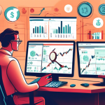 Create a detailed illustration contrasting margin trading and leverage in the financial markets. On one side, depict margin trading with a trader at a desk