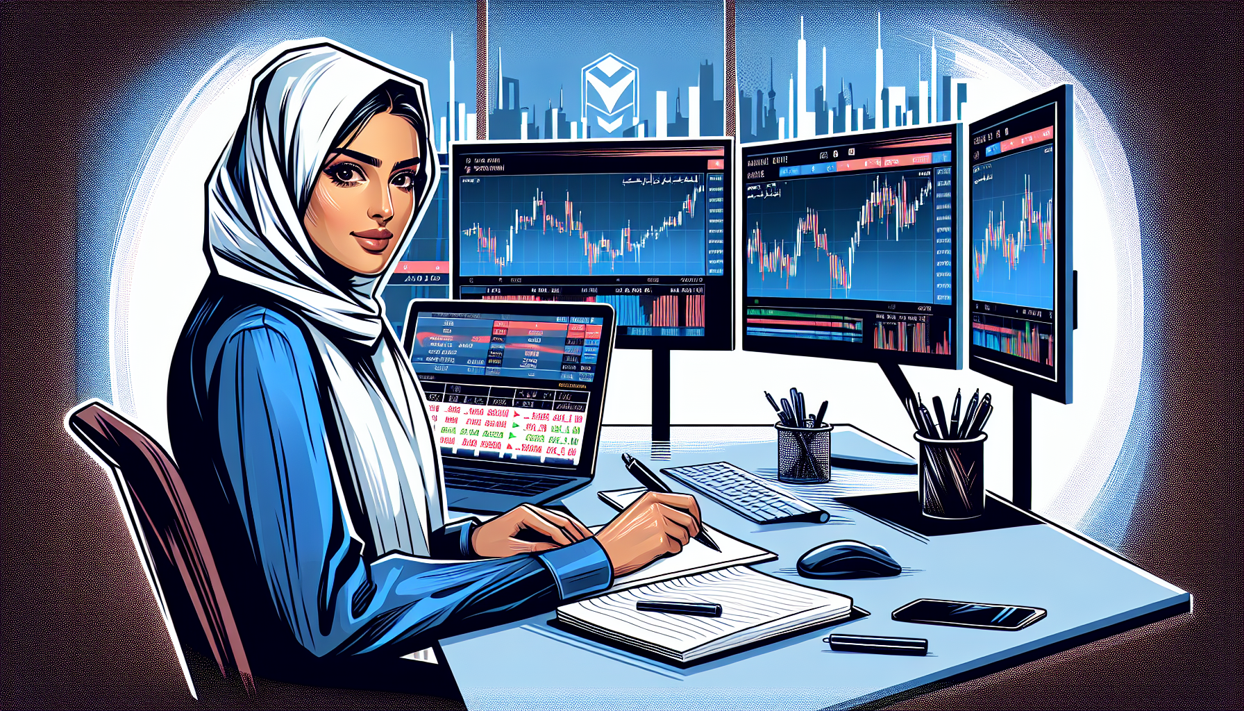 Create an image showing a sophisticated investor at a sleek home office, analyzing stock charts on multiple computer screens. The setting exudes a modern, high-tech vibe with elements like financial news tickers, a notepad with investment strategies, and Questrade's logo subtly visible on one of the screens. The investor looks confident and focused, symbolizing the potential for maximizing investments using a Questrade Margin Account.