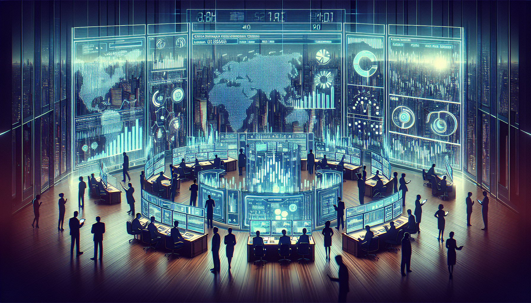 A high-resolution digital illustration depicting a futuristic trading room filled with holographic screens displaying various financial data, low margins, and futures trading charts. In the center, a diverse group of traders, including both beginners and experts, engage with cutting-edge technology. The overall ambiance is cost-effective and efficient, reflecting a modern, streamlined brokerage service. The background shows cityscapes with towering skyscrapers to signify global financial markets.