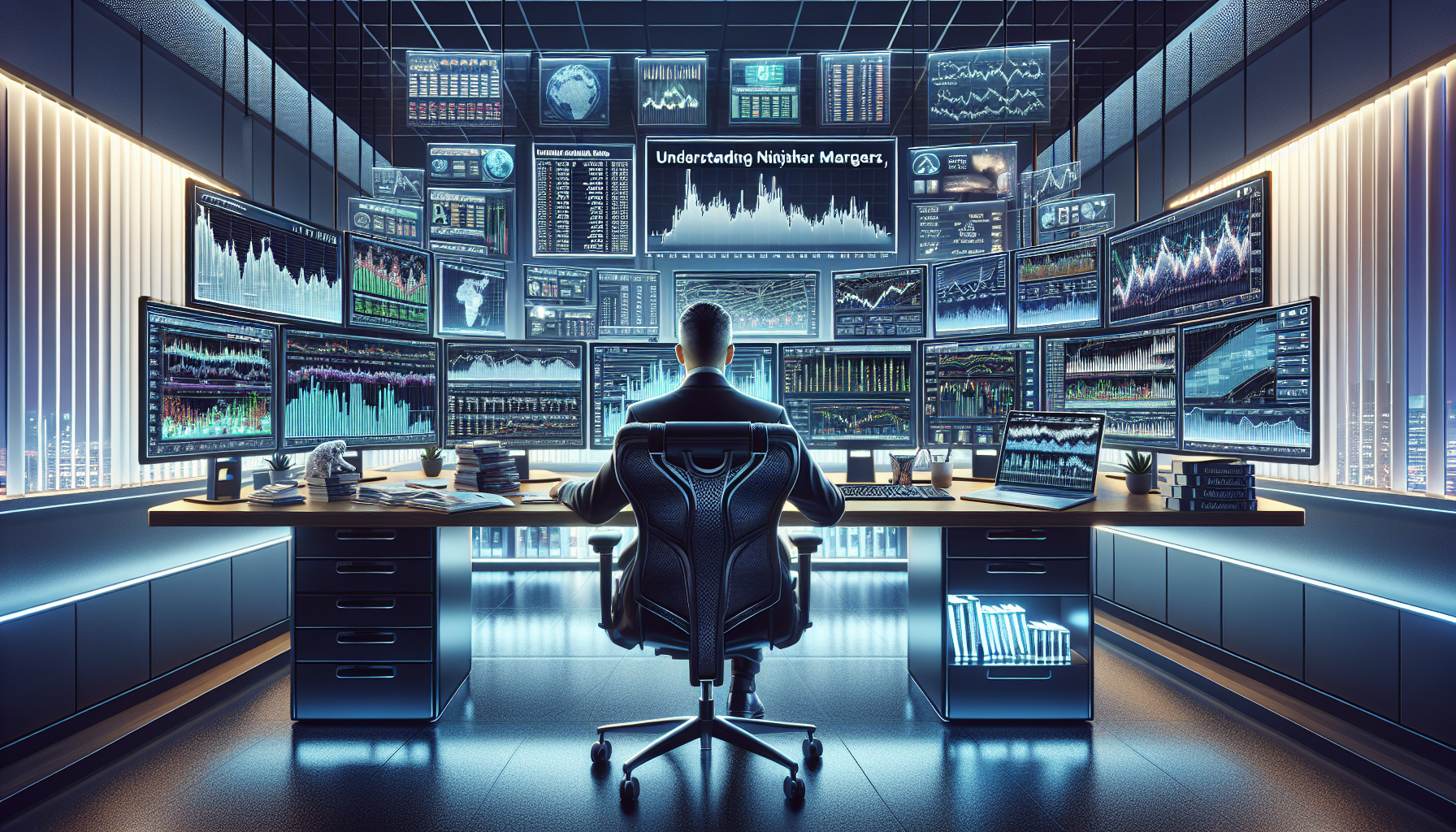 Create a detailed illustration showing a professional trader in front of multiple computer screens with charts, graphs, and financial data, representing the concept of 'Understanding NinjaTrader Margins.' Include elements like margin requirements, leverage, risk management symbols, and a focus on educational resources, all within a sleek, modern trading office environment.