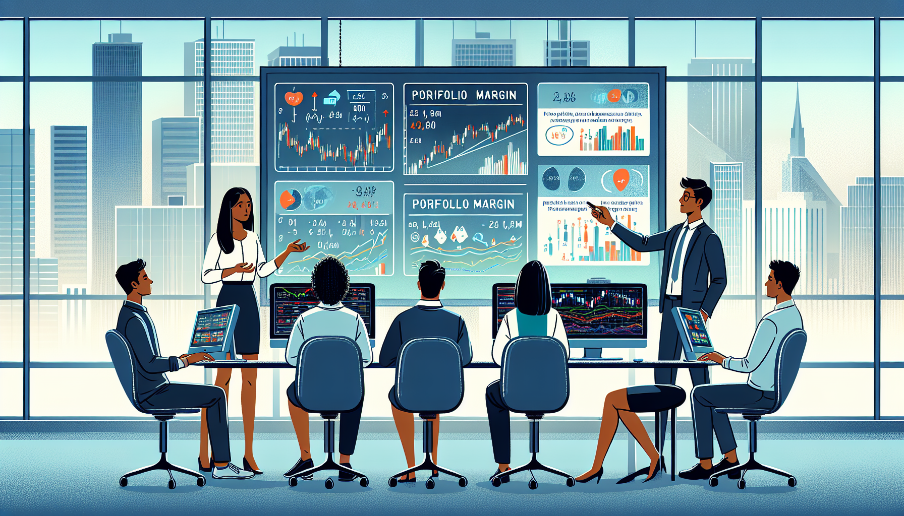 Create an image of a financial analyst explaining the concept of portfolio margin to a diverse group of investors in a modern office setting. The background should include computer screens displaying stock charts and graphs, and whiteboards with equations and risk analysis. The atmosphere should convey complexity and clarity, showing how portfolio margin can optimize investments.