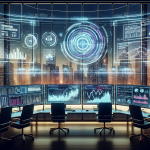 Create an image of a futuristic financial trading desk with multiple computer screens displaying charts and graphs. One of the screens prominently shows TradeStation Futures Margin. The background features a large window with a city skyline, symbolizing the financial markets. Include subtle elements like futuristic gadgets and holographic displays to indicate high-tech trading. The overall scene should convey a sense of focus, analysis, and advanced technology in trading futures.