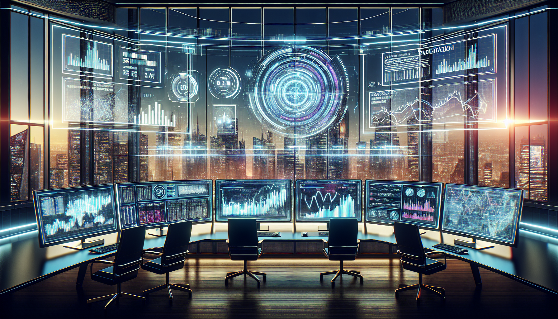 Create an image of a futuristic financial trading desk with multiple computer screens displaying charts and graphs. One of the screens prominently shows TradeStation Futures Margin. The background features a large window with a city skyline, symbolizing the financial markets. Include subtle elements like futuristic gadgets and holographic displays to indicate high-tech trading. The overall scene should convey a sense of focus, analysis, and advanced technology in trading futures.