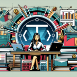 Create an image of a person sitting at a desk cluttered with financial documents, laptops, and calculators, representing serious research and analysis. The backdrop features graphs, charts, and TD logo, signifying a TD Margin Account. Illustrate a balance between professional seriousness and user accessibility, highlighting the theme of financial comprehension and guidance.