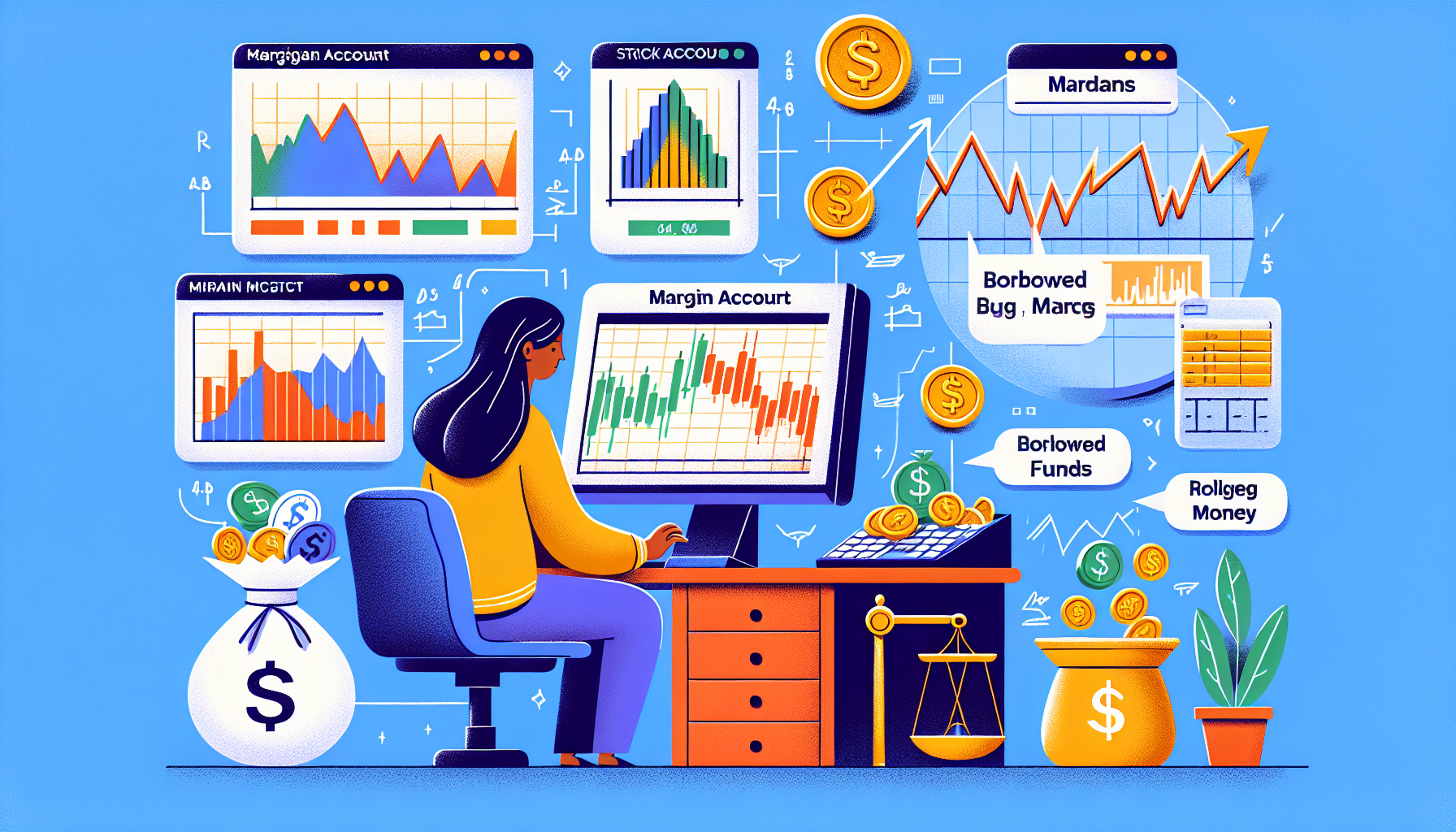Create a detailed illustration that explains the basics of margin trading, featuring key elements such as a trader at a computer, stocks and financial graphs on the screen, a margin account, and a visual representation of borrowed funds. Show the concept of leverage with icons or symbols, and include a balance scale to symbolize risk and reward.