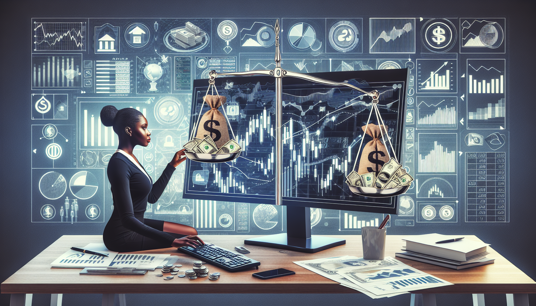 Create an image conceptually illustrating the basics of a margin account in finance. Show a businessperson at a desk with a computer screen displaying financial graphs and numbers, indicating stock investments. Include visual elements like a scale balancing money bags and stock certificates on either side, representing the borrowed funds and invested funds. The background should include subtle icons of banks and arrows illustrating the borrowing and returning process. The overall atmosphere should be professional and educational.