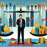 Create an image depicting a balanced scale. On one side of the scale, place a stack of dollar bills, coins, and gold bars representing financial rewards. On the other side, place symbols of risk, such as exaggerated diving boards above empty pools, falling stock graphs, and warning signs. In the background, show a thoughtful but slightly anxious investor weighing their options, surrounded by a blend of bullish and bearish market charts. The image should have a modern, clean aesthetic that conveys the careful consideration required for margin investing.