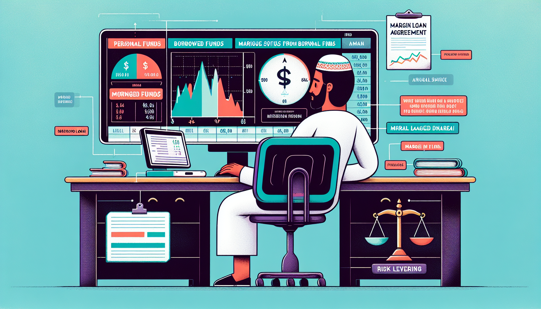 Create an image that visually explains the concept of buying stocks on margin for beginners. Depict a novice investor sitting at a desk with a computer screen displaying a stock trading platform. Include elements like a margin loan document, a pie chart showing the division between investor's funds and borrowed funds, and a balance scale to symbolize risk and leverage. Use a clean, informative, and approachable style with clear labels and graphics to highlight key points.