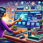 Create a detailed illustration of a person at a computer, confidently navigating an online brokerage platform. Show various financial icons, charts, and tutorials on the screen that suggest steps to open a margin account. Include a background setting of a cozy home office with financial books and a cup of coffee, emphasizing a comfortable learning environment.