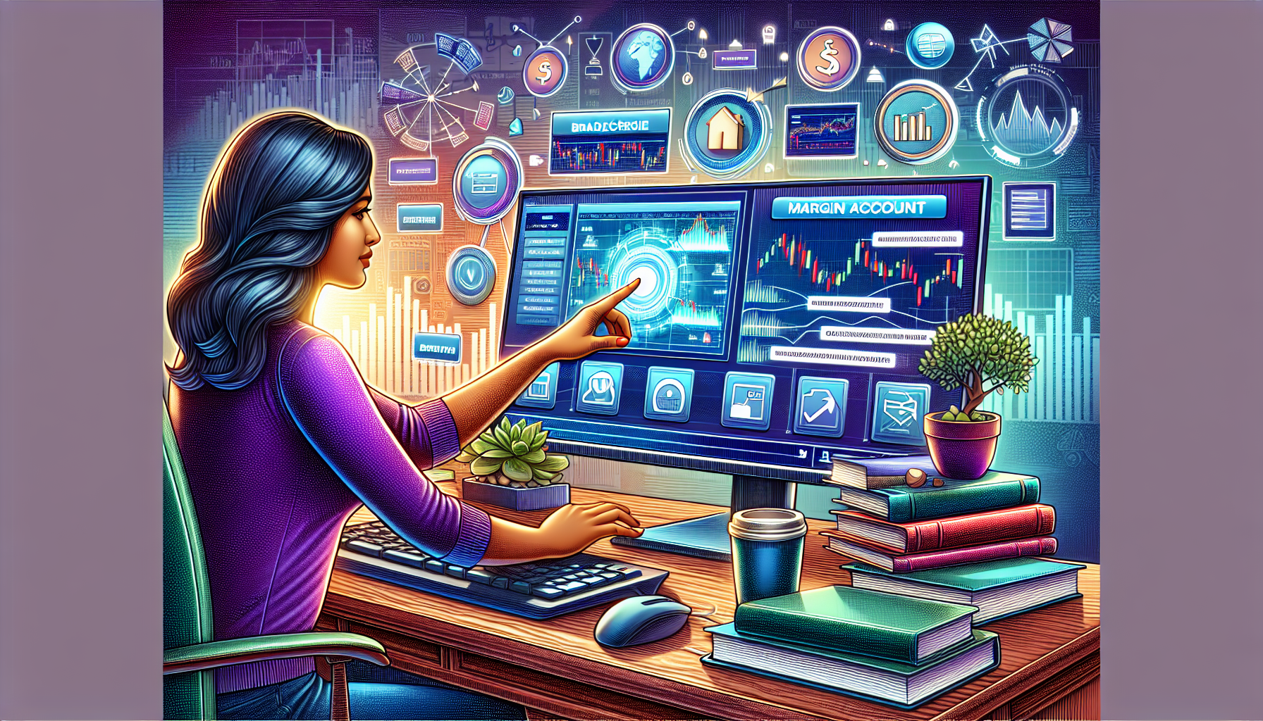 Create a detailed illustration of a person at a computer, confidently navigating an online brokerage platform. Show various financial icons, charts, and tutorials on the screen that suggest steps to open a margin account. Include a background setting of a cozy home office with financial books and a cup of coffee, emphasizing a comfortable learning environment.