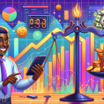 A detailed digital illustration showing an enthusiastic investor using the Robinhood app on their smartphone. The background features a stylized graph with upward-trending lines and financial icons like coins, gold bars, and dollar bills, symbolizing potential gains. In the foreground, a set of scales represents 'margin' balancing on one side high rewards like a growing stock chart, and on the other side, the phrase 'risk management' with a safety net.