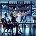 Create an image of a financial advisor and an investor discussing strategies for maximizing returns using a portfolio margin account. They are sitting at a modern office desk with a large screen displaying a diverse investment portfolio, including stocks, bonds, and options. The office has a sleek, professional look with charts and graphs on the walls indicating risk assessments and potential returns. The atmosphere should be vibrant and motivating, emphasizing growth and strategic planning.