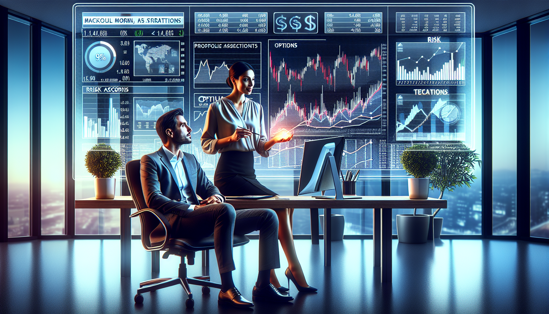 Create an image of a financial advisor and an investor discussing strategies for maximizing returns using a portfolio margin account. They are sitting at a modern office desk with a large screen displaying a diverse investment portfolio, including stocks, bonds, and options. The office has a sleek, professional look with charts and graphs on the walls indicating risk assessments and potential returns. The atmosphere should be vibrant and motivating, emphasizing growth and strategic planning.