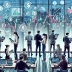 Create a detailed illustration of a diverse group of investors analyzing their margin accounts on laptops and tablets. Surround them with financial charts, graphs, and symbols such as dollar signs and upward-trending arrows. The background should include a modern office setting with floor-to-ceiling windows showcasing a bustling city skyline.