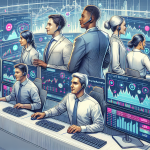 Create a detailed illustration showcasing modern futures brokers with futuristic trading desks, highlighting low intraday margin requirements. The scene should feature advanced digital trading platforms, analytical charts, and satisfied traders. Include subtle visual cues such as low numbers to symbolize affordable margins and technology-driven efficiency.