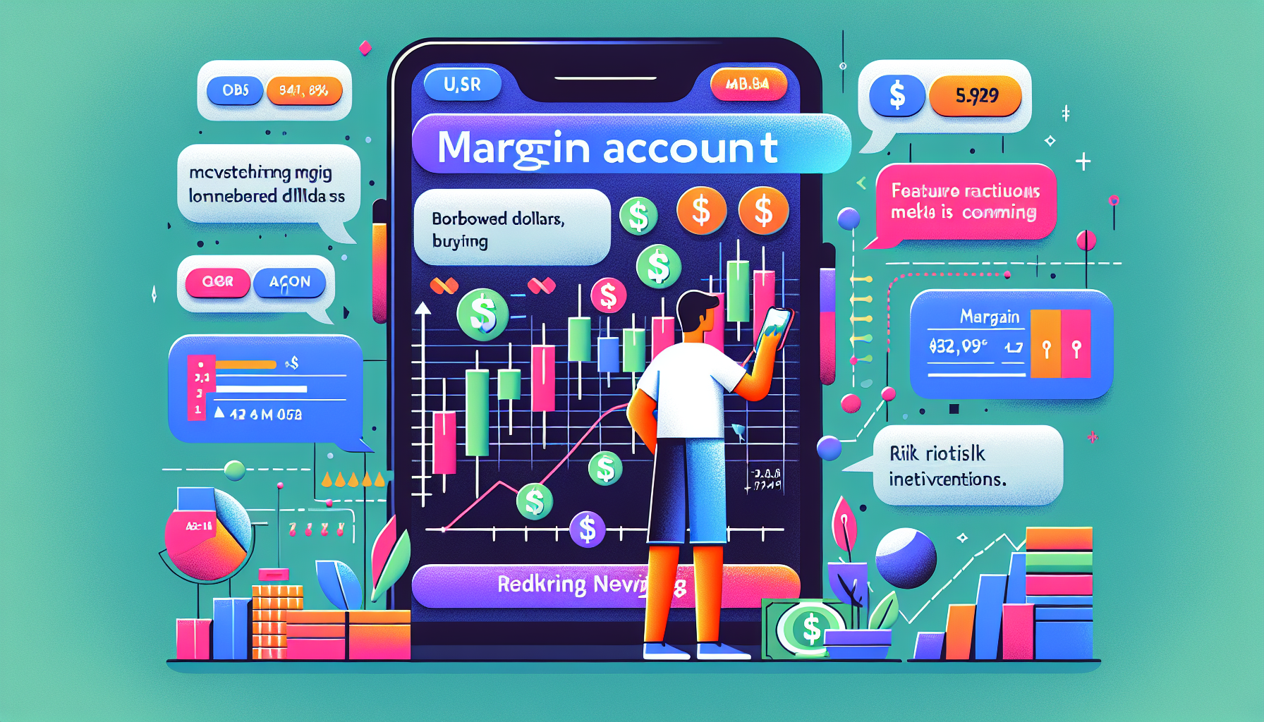Create an illustration that visually explains how a Robinhood margin account works. The scene should include a user interface of the Robinhood app on a smartphone showing Margin Investing, with visual cues such as dollars being borrowed, stock purchases, and interest rates. Include a user reading terms and conditions with a focus on risk warnings. Make the background friendly and modern to reflect the tech-savvy nature of Robinhood users.