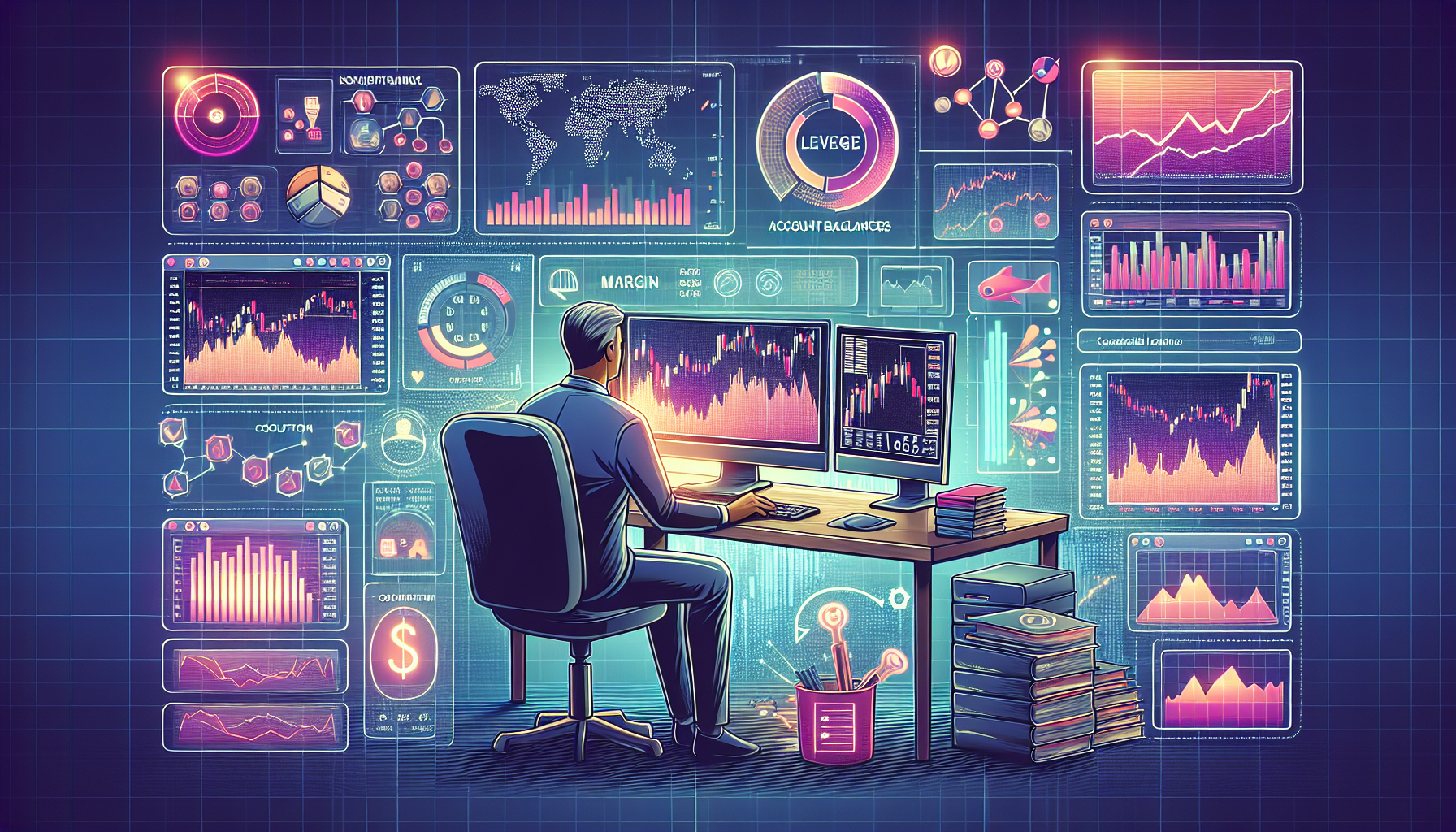 Create a detailed image illustrating the concept of IBKR (Interactive Brokers) margin. Show a trader at a desk with multiple computer screens displaying financial charts and IBKR platform interfaces. Include visual elements that represent margin trading, such as leverage indicators, margin balances, and risk management tools. Surround the trader with educational icons like a book on trading, a calculator, and informative charts to suggest a comprehensive guide. Ensure the overall scene appears professional and informative.