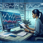 Create an image of an investor analyzing a digital portfolio on a computer screen, filled with diverse financial instruments like stocks, bonds, and options. The background should include graphs and charts illustrating market trends. Add a financial article titled 'Understanding IBKR Portfolio Margin: A Comprehensive Guide' on a tablet next to the computer to signify the source of information. The setting should be a modern, well-lit office to convey a professional atmosphere.