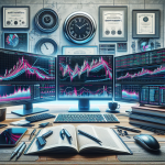 Create an image featuring a financial trader's workspace with multiple computer screens displaying futures market data and charts, particularly focusing on margin requirements. The setting includes sophisticated trading software tools and NinjaTrader platform interface. Include elements like a coffee cup, notepads, and reference materials about futures trading around the desk. The background shows a wall clock and financial certificates or trading achievements, emphasizing a professional and intense trading environment.