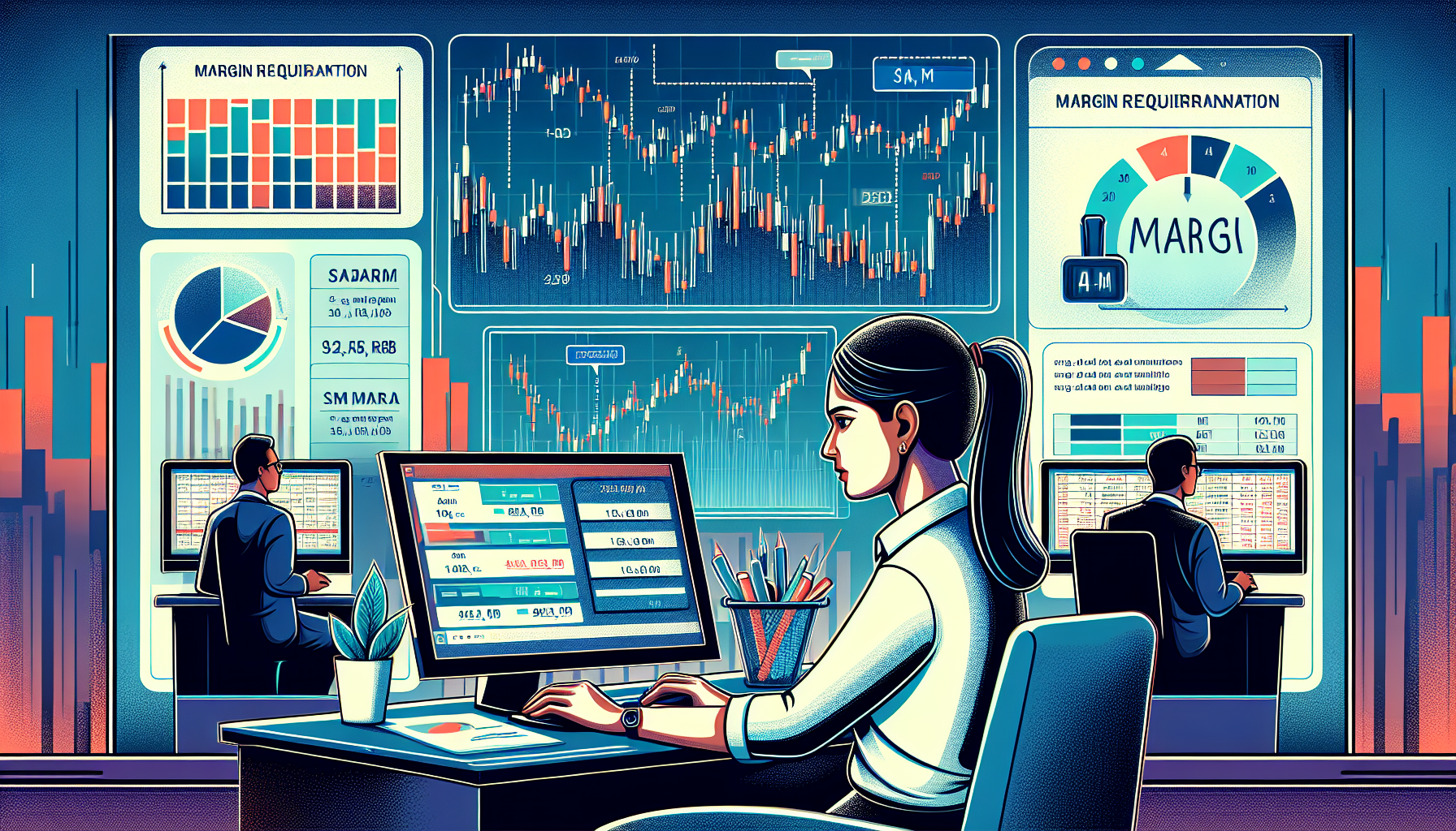 Create an informative and visually engaging image that represents the concept of 'Understanding TD Ameritrade Margin.' Include elements like financial charts, a TD Ameritrade logo, a margin requirement graph, and an investor analyzing data on a computer screen. The background should evoke a professional, modern atmosphere, reminiscent of a trading floor or financial office.