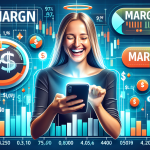 Create an illustration showcasing the concept of Webull margin trading. Include elements like an excited trader using the Webull app on their smartphone, financial charts, and graphs displaying margin requirements and equity balances. Incorporate visual cues demonstrating borrowing money for trading, such as magnified dollar signs and a progress bar indicating margin levels. Use a modern, sleek design with a financial theme.