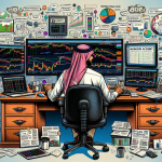 A detailed illustration showing a person sitting at a desk with dual computer monitors displaying stock charts and financial graphs. On the desk, there are also documents labeled Margin Account, a calculator, a cup of coffee, and a notepad with handwritten notes about margin trading. Behind the person is a large whiteboard with keywords like Leverage, Interest Rate, Collateral, and Risk Management written and circled. The background shows a financial newsroom setting with stock tickers and financial news playing on a TV screen.