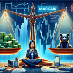 Create an image that visually represents the concept of a margin brokerage account. Include elements like a balance scale to signify weighing benefits and risks, with one side showing stacks of cash, stock market graphs, and a bull market symbol, while the other side shows warning signs, debt papers, and a bear market symbol. The background can be a financial office setting with charts and computers, and a person contemplating at the center of the image, showcasing decision-making and analysis.