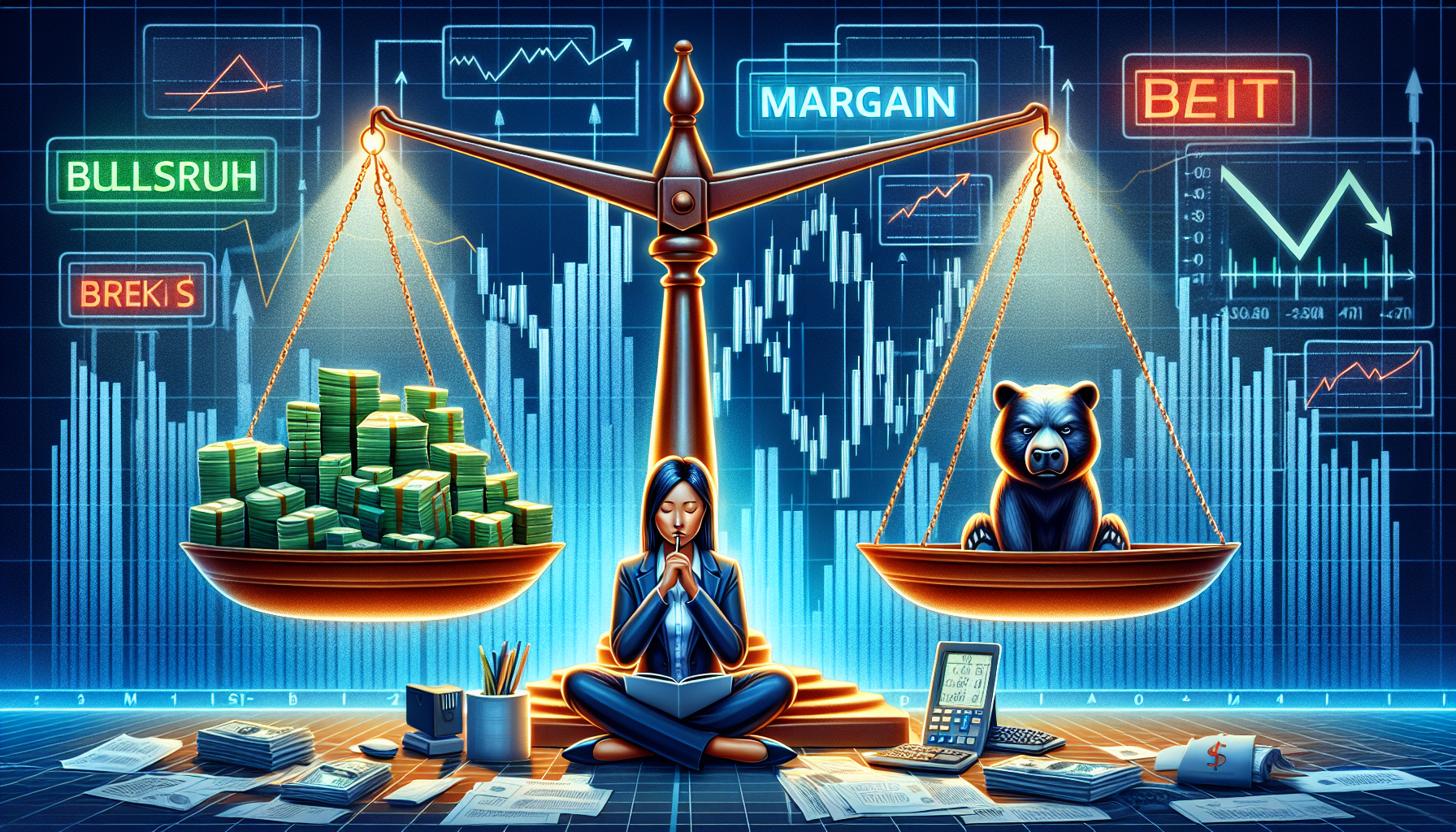Create an image that visually represents the concept of a margin brokerage account. Include elements like a balance scale to signify weighing benefits and risks, with one side showing stacks of cash, stock market graphs, and a bull market symbol, while the other side shows warning signs, debt papers, and a bear market symbol. The background can be a financial office setting with charts and computers, and a person contemplating at the center of the image, showcasing decision-making and analysis.