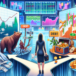 Create an image of a stock market investor standing at a crossroads. One path is marked 'Risks' with visuals such as a steep cliff, debt documents, and a bear market graph. The other path is marked 'Rewards' with images like a bull market chart, a treasure chest overflowing with money, and a rising stock graph. The background should be a bustling stock trading floor with screens showing real-time stock prices.