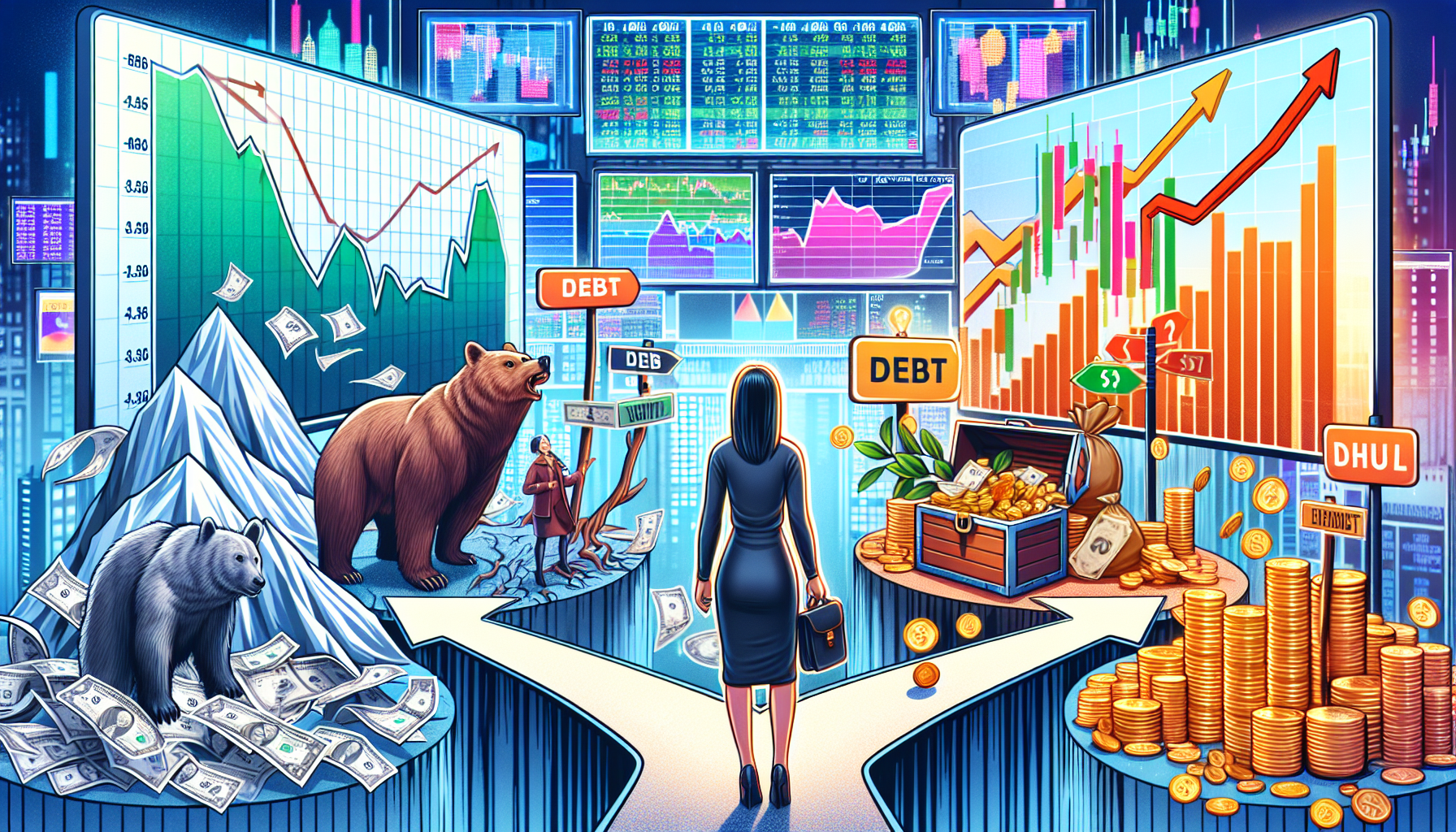 Create an image of a stock market investor standing at a crossroads. One path is marked 'Risks' with visuals such as a steep cliff, debt documents, and a bear market graph. The other path is marked 'Rewards' with images like a bull market chart, a treasure chest overflowing with money, and a rising stock graph. The background should be a bustling stock trading floor with screens showing real-time stock prices.