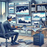 Create a detailed and visually engaging image that portrays an investor evaluating different brokerage options, focusing on margin trading. The scene should include a modern desk setup with multiple computer screens displaying detailed comparison charts, financial graphs, and broker ratings. Include elements like financial newspapers, a coffee mug, and a calculator on the desk to emphasize a thorough decision-making process. The background can be a stylish home office setting, with shelves holding financial books and a window showing a cityscape to signify an urban, professional environment.