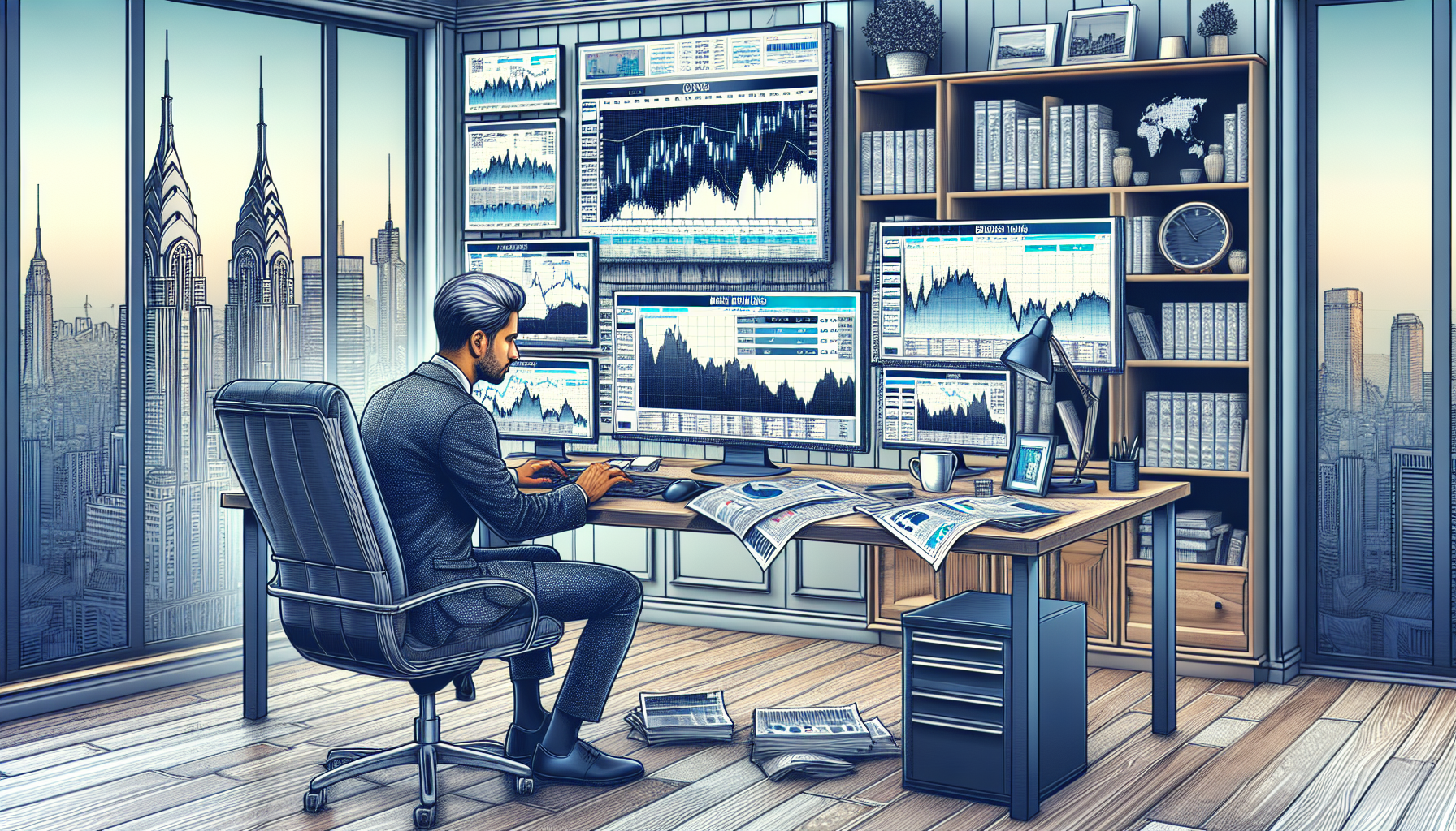 Create a detailed and visually engaging image that portrays an investor evaluating different brokerage options, focusing on margin trading. The scene should include a modern desk setup with multiple computer screens displaying detailed comparison charts, financial graphs, and broker ratings. Include elements like financial newspapers, a coffee mug, and a calculator on the desk to emphasize a thorough decision-making process. The background can be a stylish home office setting, with shelves holding financial books and a window showing a cityscape to signify an urban, professional environment.