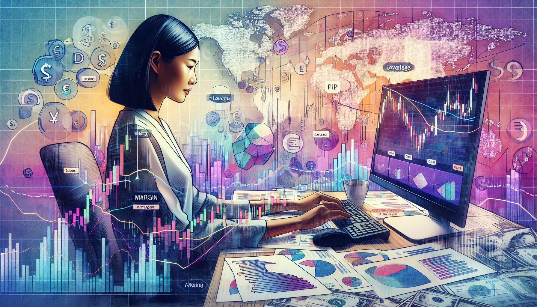 Create an illustration of a person sitting at a desk with a computer, surrounded by charts, graphs, and financial indicators. The computer screen displays a forex trading platform with highlighted concepts like margin, leverage, and pip. The background features subtle imagery of global currencies (dollars, euros, yen) blending into each other, representing the global marketplace of forex trading. Use a calm and educational tone, with soft colors to make it approachable for beginners.