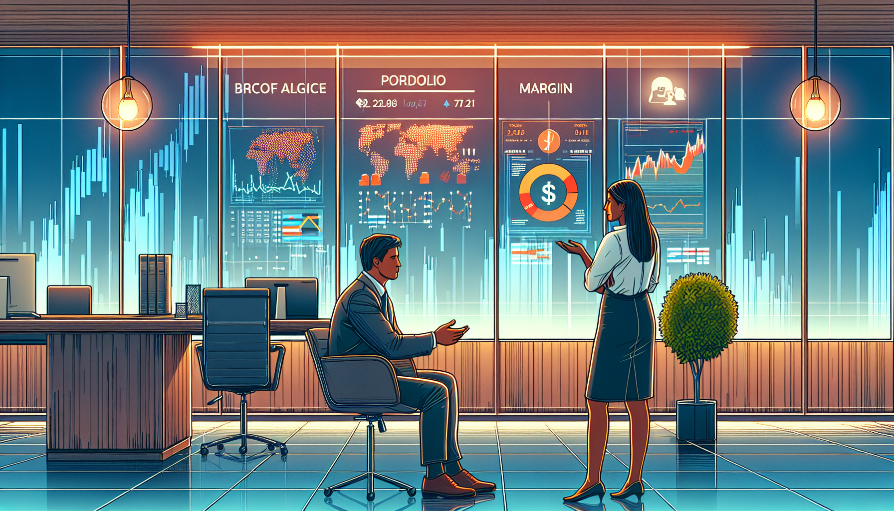 Create an image that illustrates the concept of portfolio margin specifically related to TD Ameritrade. The scene should feature a financial advisor explaining margins to a client in a modern office setting with TD Ameritrade branding visible. Include charts and graphs on a screen in the background to represent financial data analysis. The atmosphere should be professional and informative.